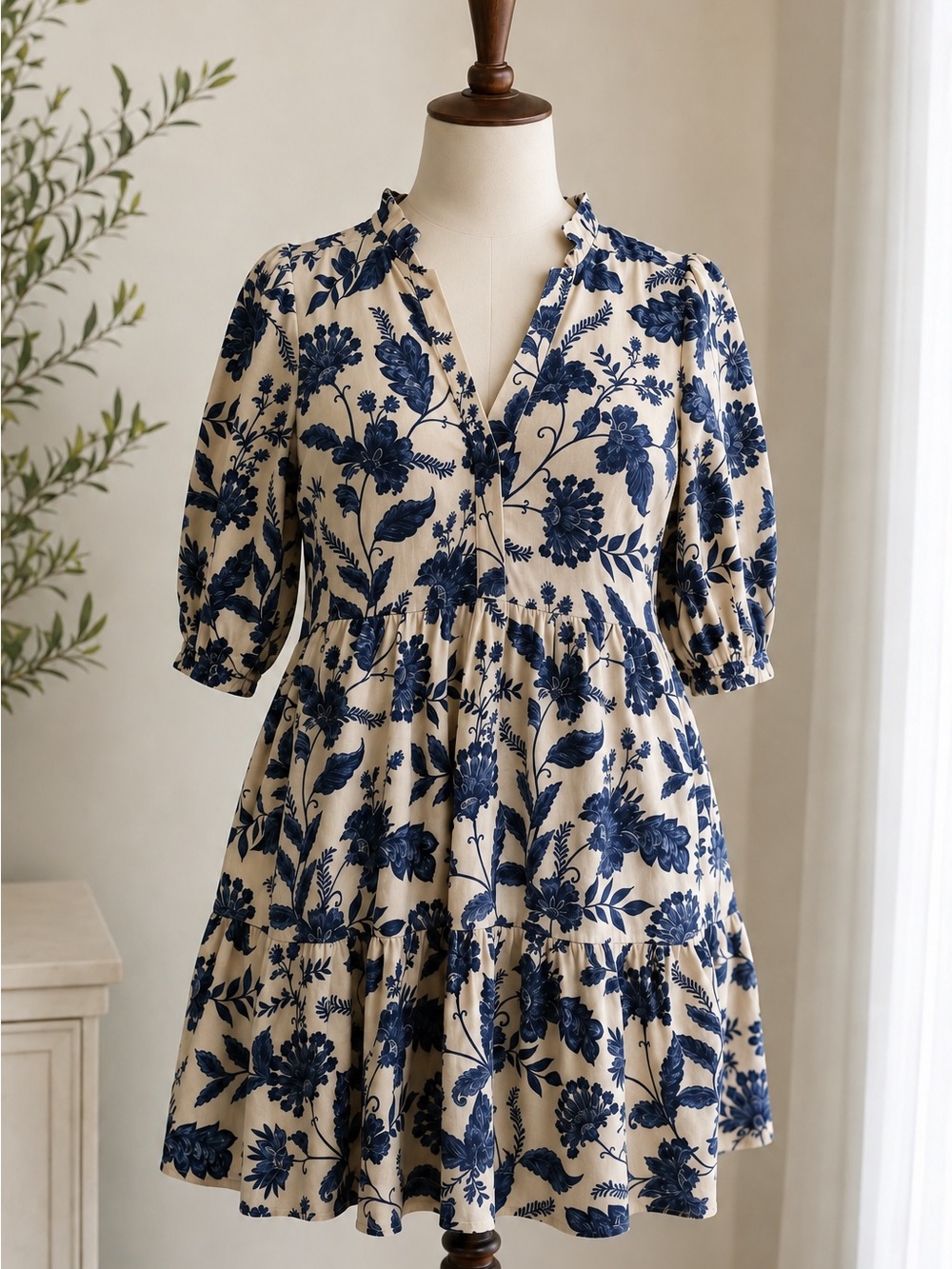 Velvet Heart Cream Mini Dress with Blue Floral Print